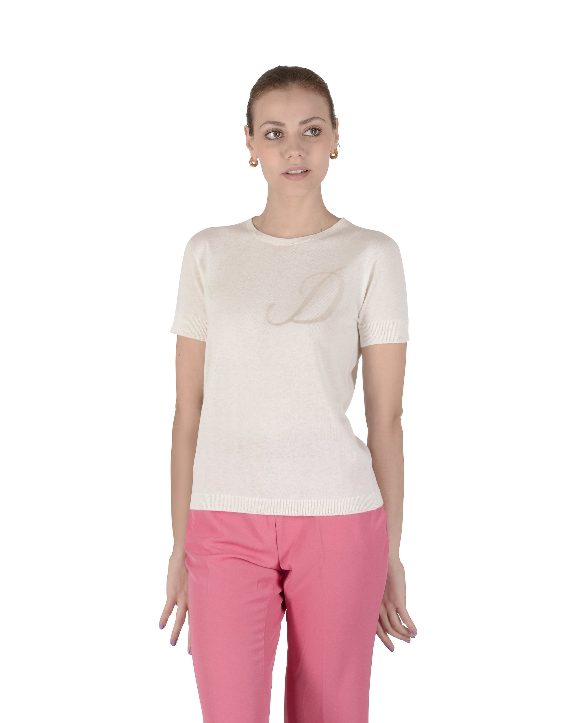 Jersey de cachemira de verano, cuello redondo, manga corta, color marfil