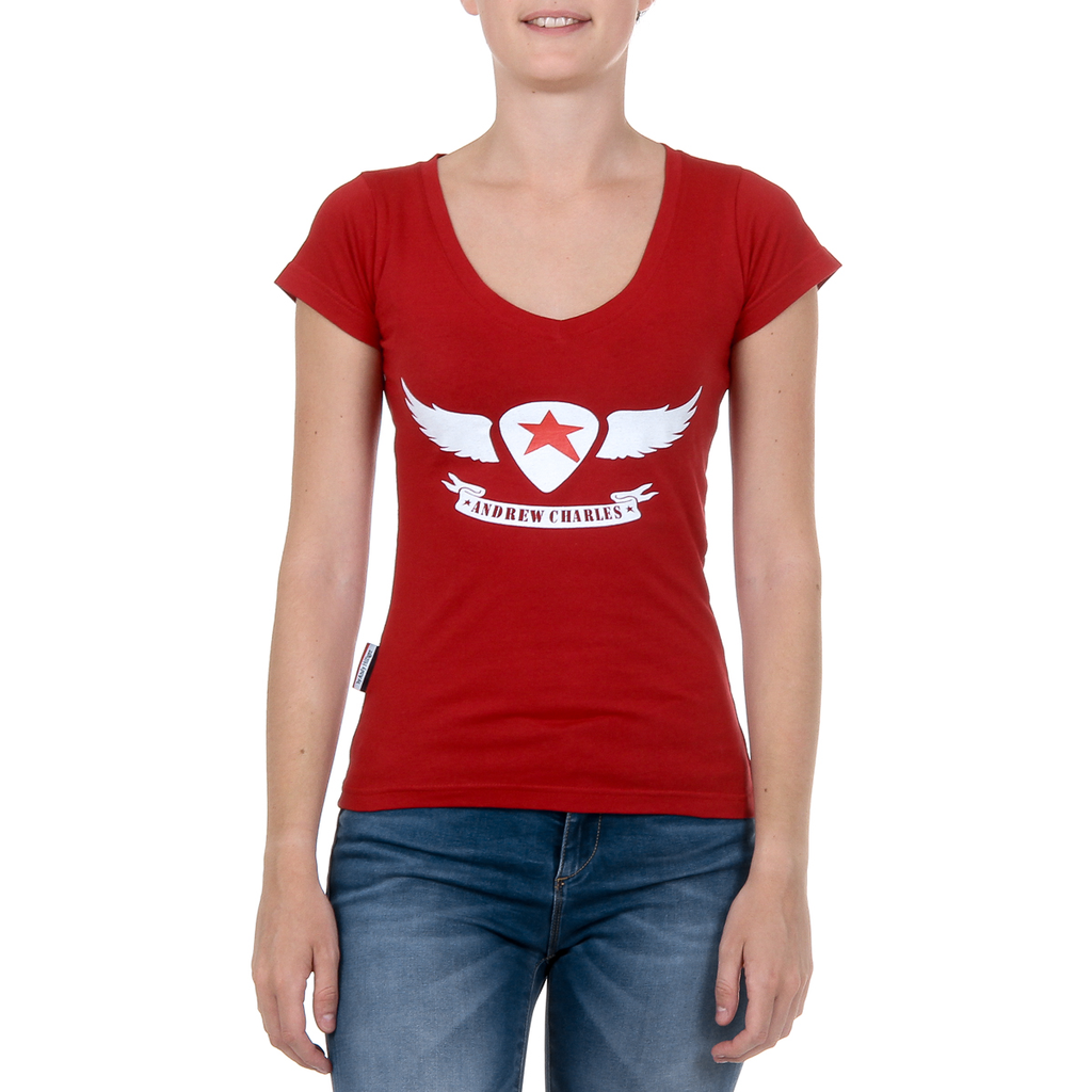 Camiseta Andrew Charles para mujer, manga corta, cuello en V, roja, TAPIWA