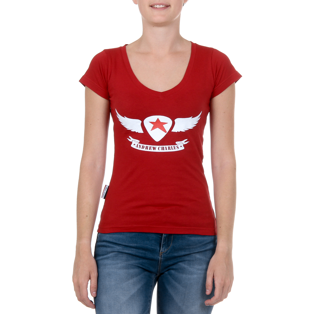 Camiseta Andrew Charles para mujer, manga corta, cuello en V, roja, TAPIWA