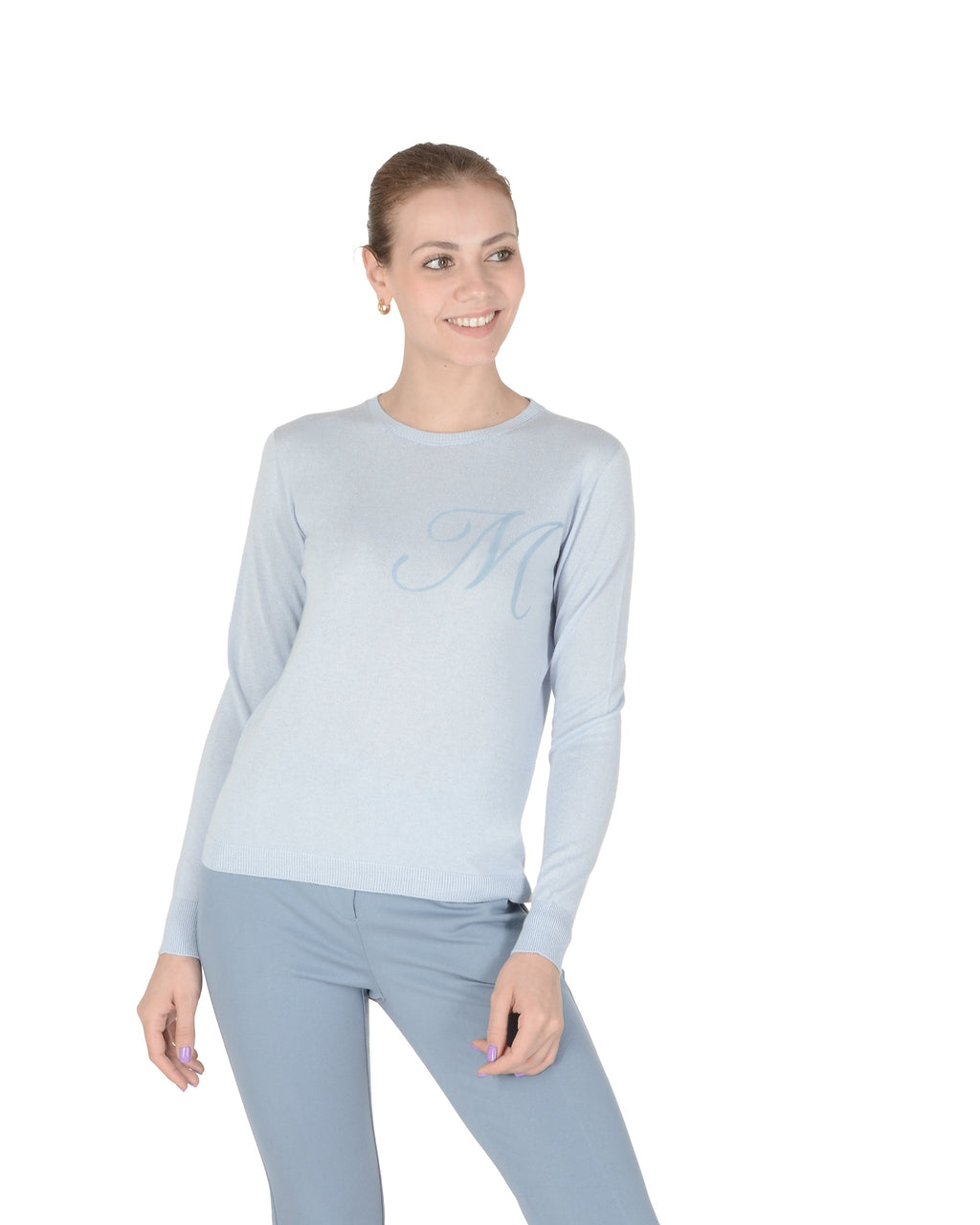 Jersey de cachemira de verano con cuello redondo y manga larga, azul claro