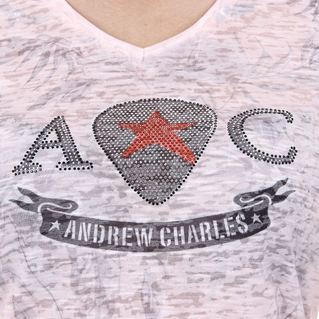 Andrew Charles Womens T-shirt Short Sleeves V-Neck Pink ALEXA