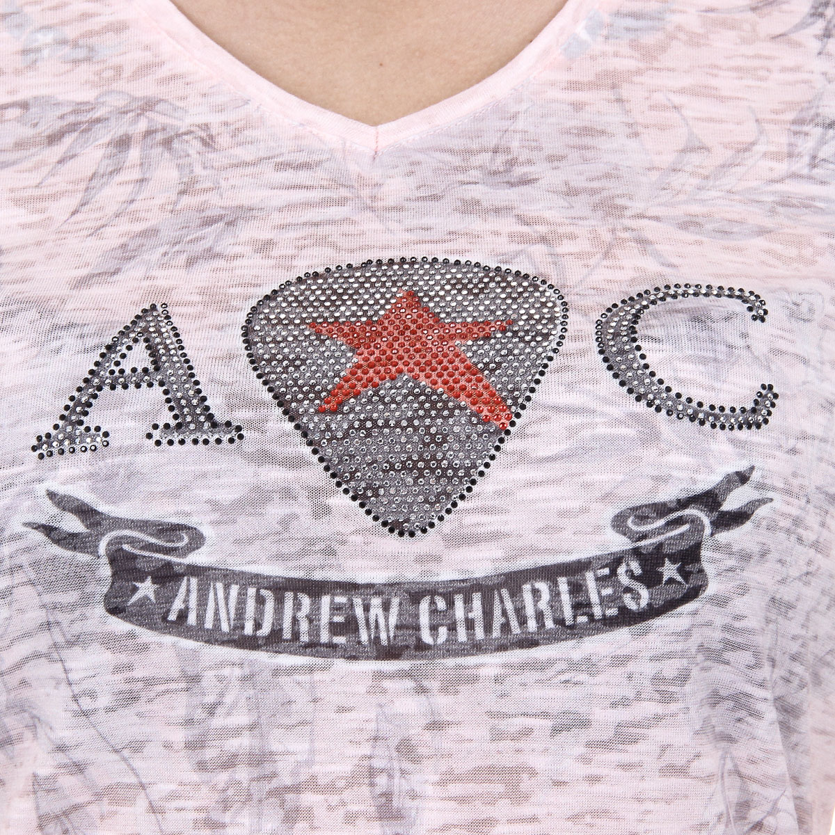 Andrew Charles Womens T-shirt Short Sleeves V-Neck Pink ALEXA