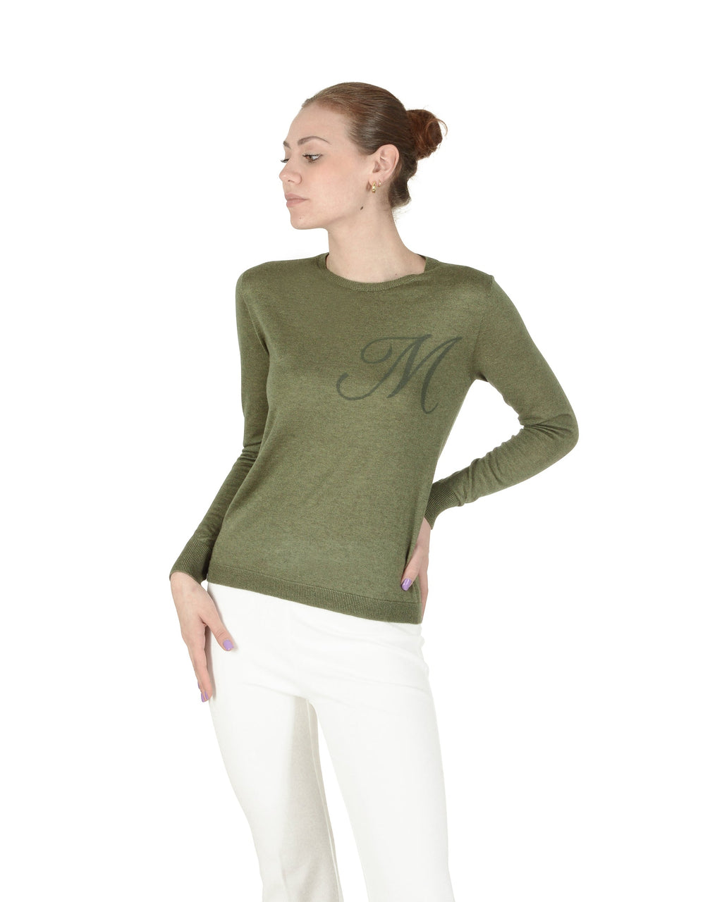 Jersey de cachemira de verano con cuello redondo y manga larga, color verde