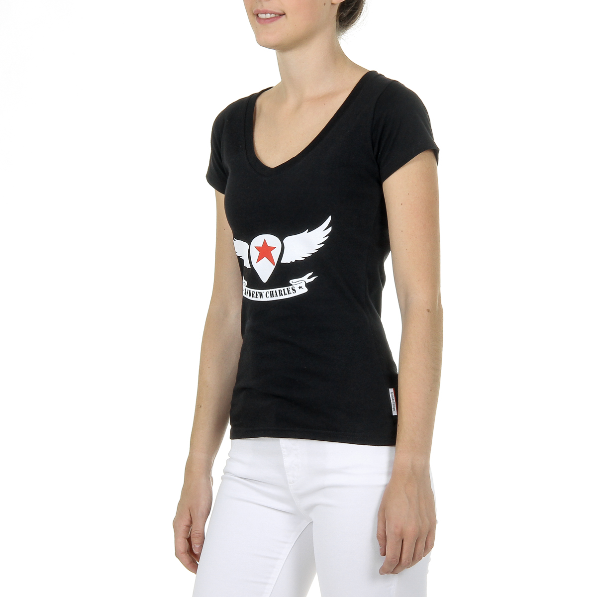 Camiseta Andrew Charles para mujer, manga corta, cuello en V, negra, TAPIWA