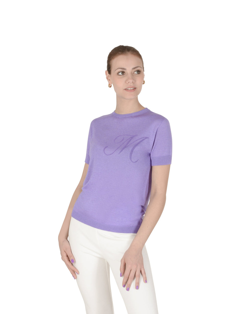 Jersey de cachemira de verano con cuello redondo y manga corta, color lila