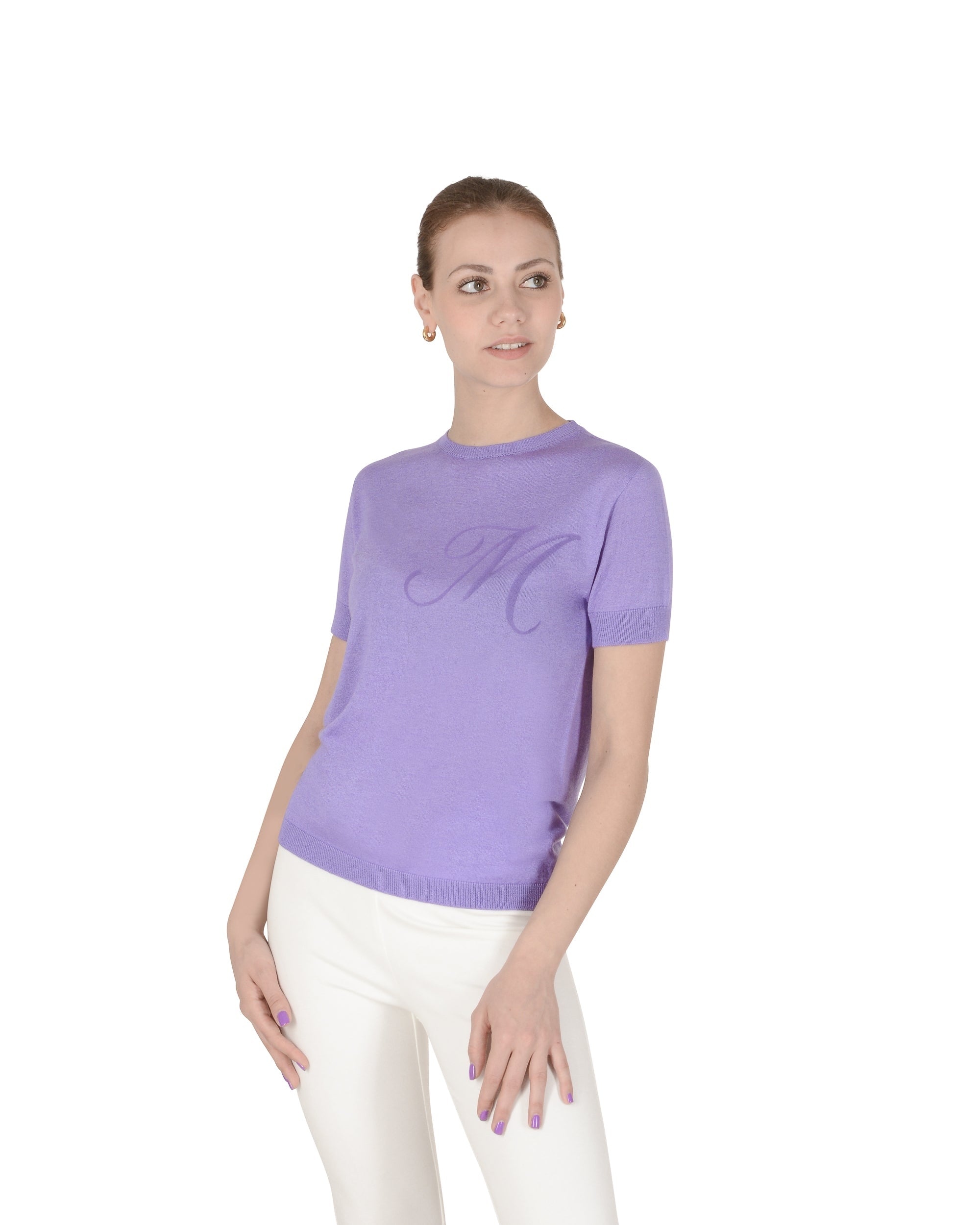 Jersey de cachemira de verano con cuello redondo y manga corta, color lila