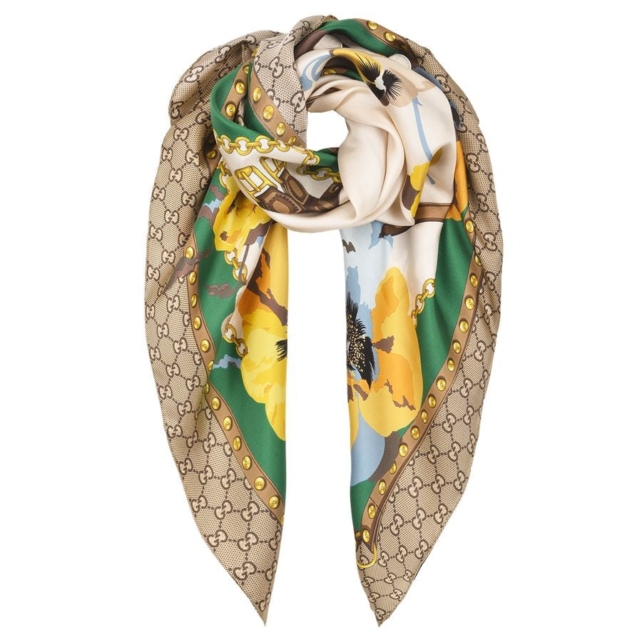 Pañuelo Gucci GG con estampado de monograma 100% seda, 90 x 90 cm, marrón multi