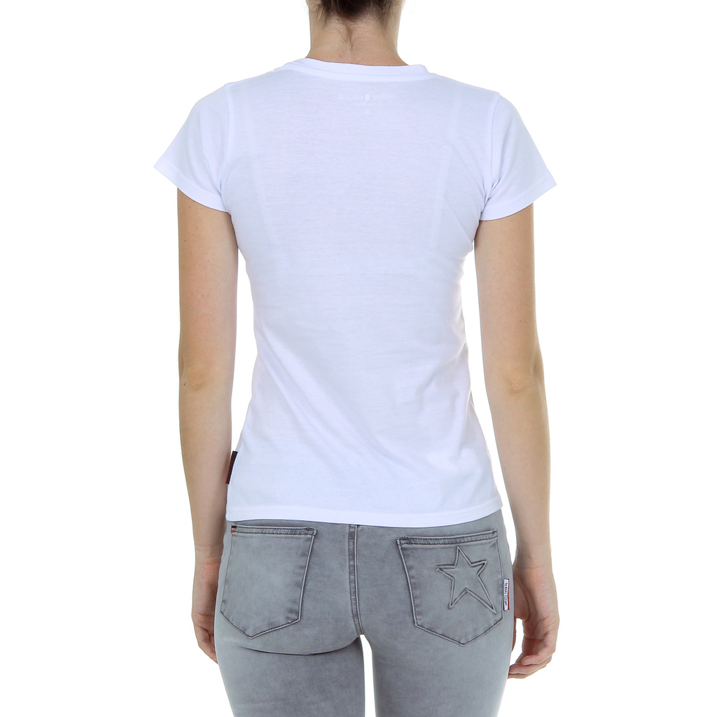 Camiseta Andrew Charles para mujer, manga corta, cuello redondo, color blanco TARANA
