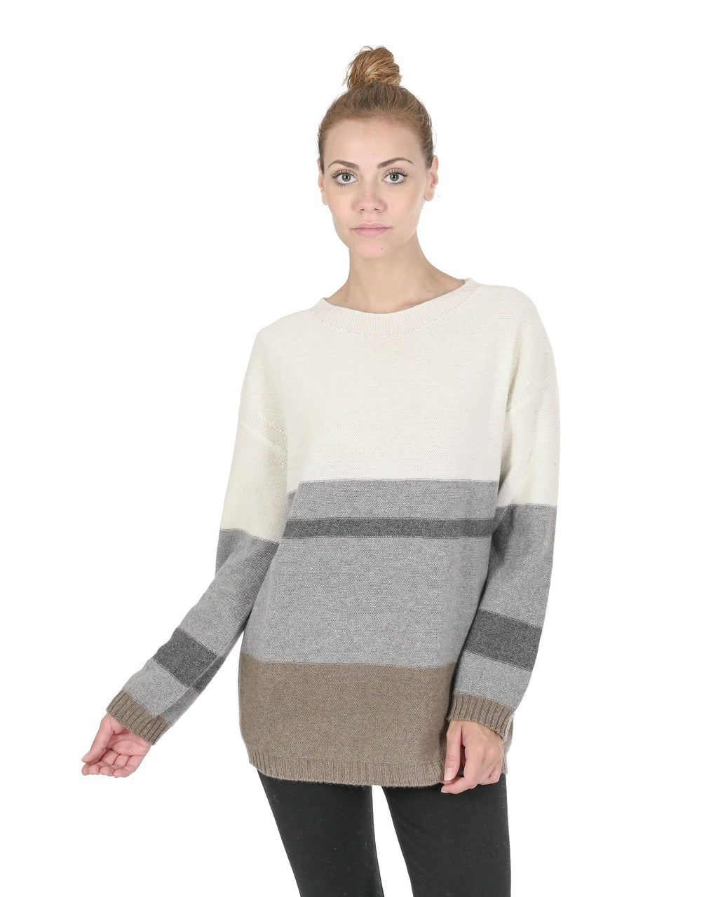 Suéter de cuello barco para mujer de cachemira Crown of Edinburgh COE 0017 GRIS/CREMA/TAUPE