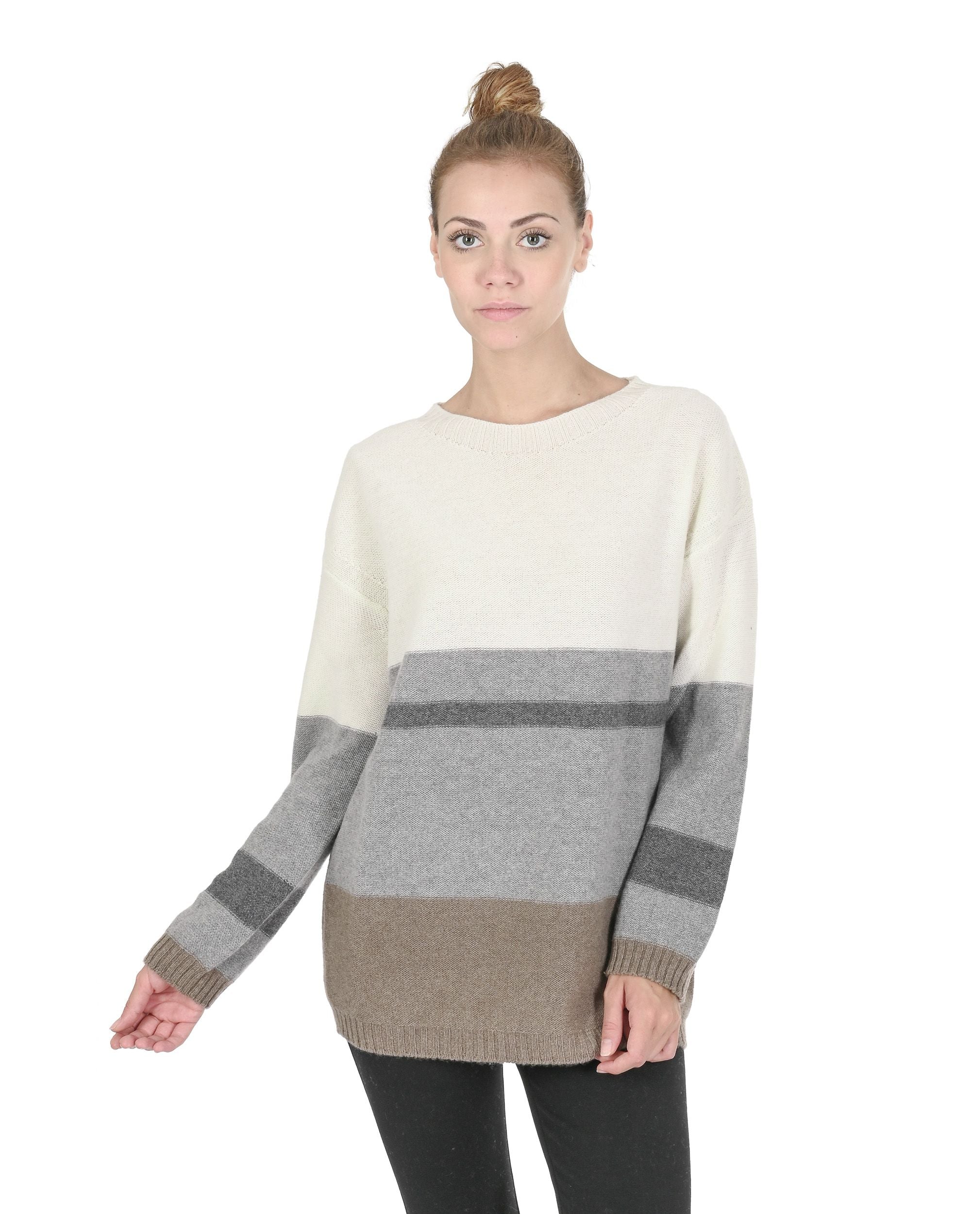 Suéter de cuello barco para mujer de cachemira Crown of Edinburgh COE 0017 GRIS/CREMA/TAUPE