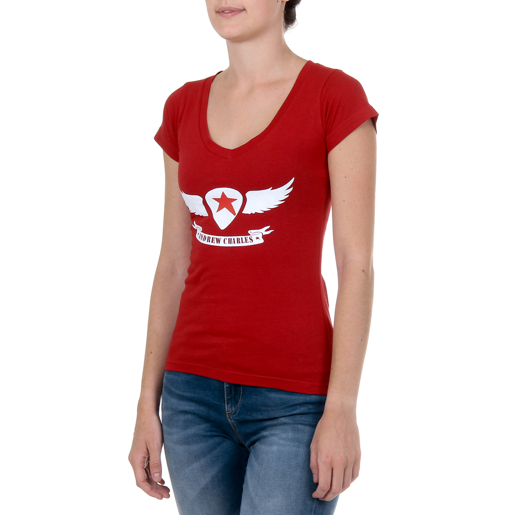 Camiseta Andrew Charles para mujer, manga corta, cuello en V, roja, TAPIWA