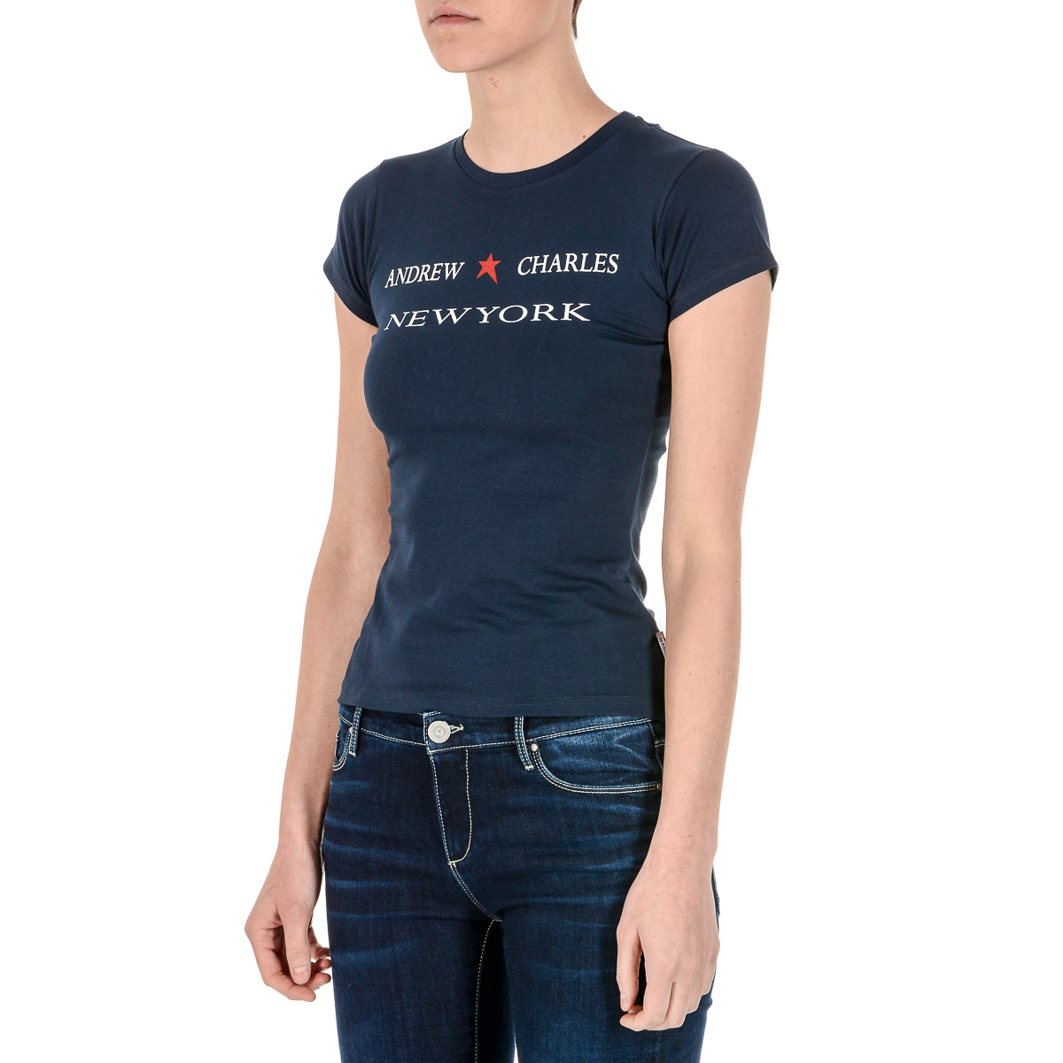 Camiseta Andrew Charles para mujer, manga corta, cuello redondo, azul, TARANA