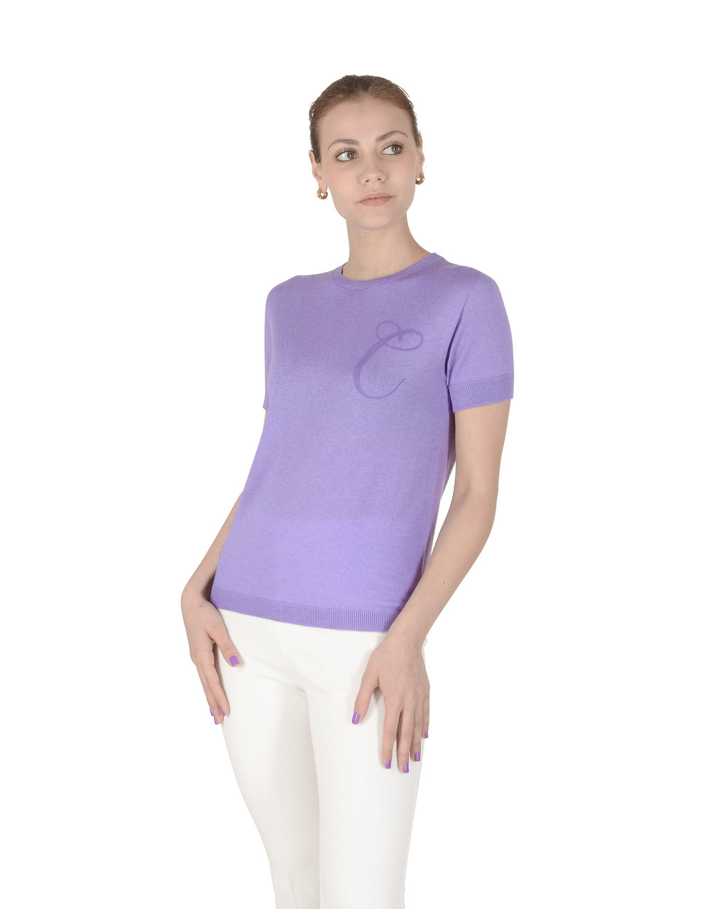 Jersey de cachemira de verano con cuello redondo y manga corta, color lila