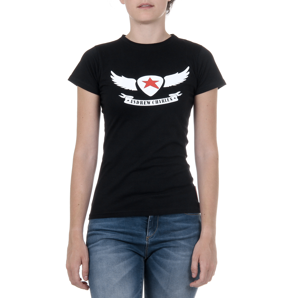 Camiseta Andrew Charles para mujer, manga corta, cuello redondo, color negro TARANA