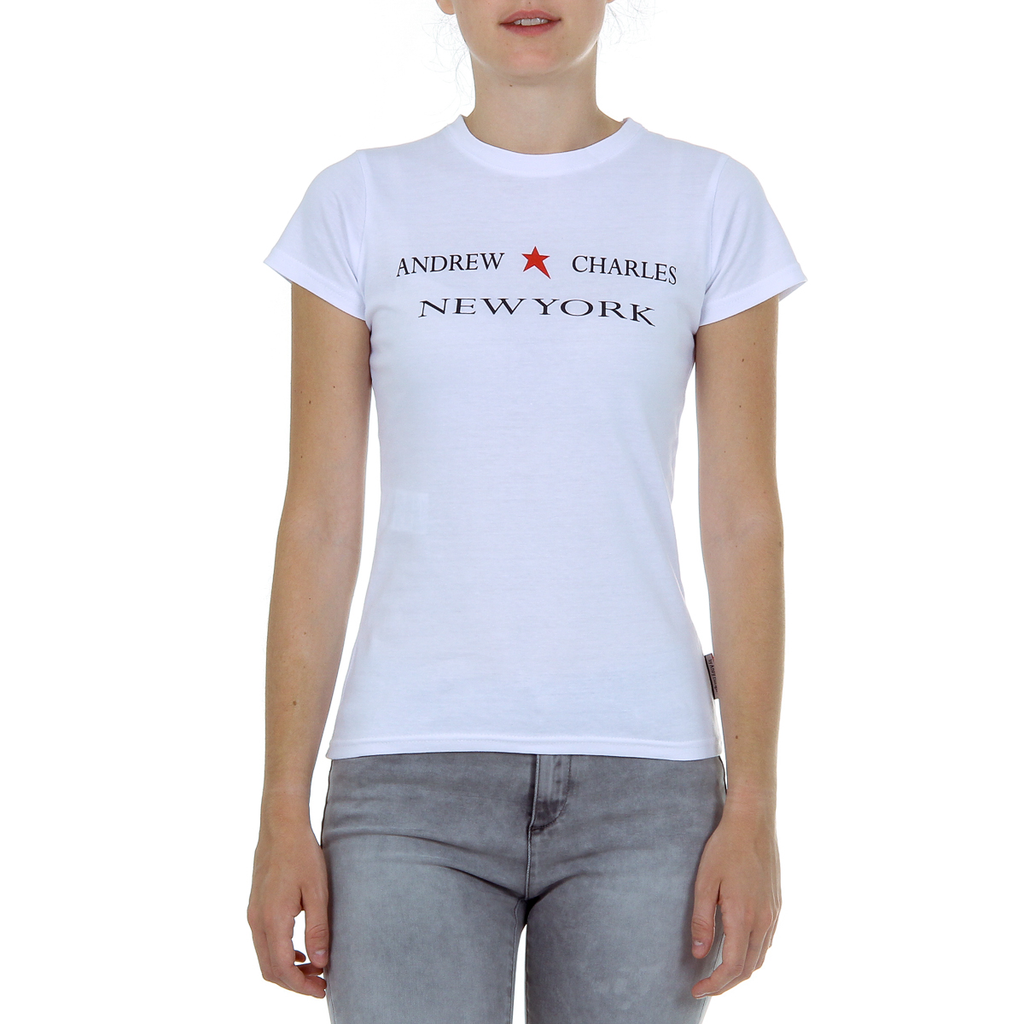 Camiseta Andrew Charles para mujer, manga corta, cuello redondo, color blanco TARANA
