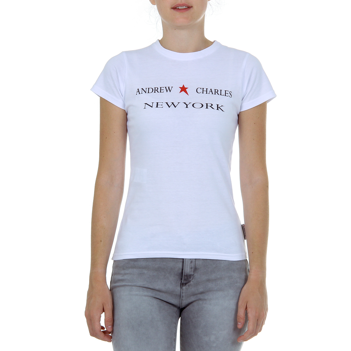 Camiseta Andrew Charles para mujer, manga corta, cuello redondo, color blanco TARANA