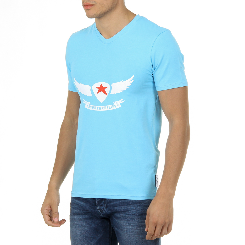 Camiseta Andrew Charles para hombre, manga corta, cuello en V, azul claro, KENAN