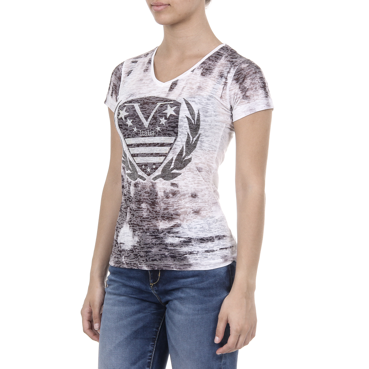 V 1969 Italia Womens T-shirt Short Sleeves V-Neck Black EMILY