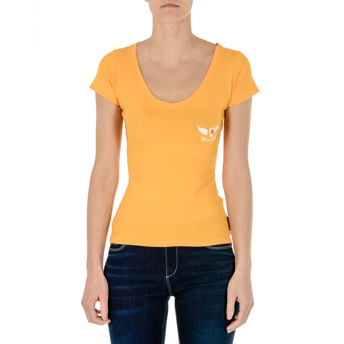 Camiseta Andrew Charles para mujer, manga corta, cuello en V, amarilla, TAPIWA