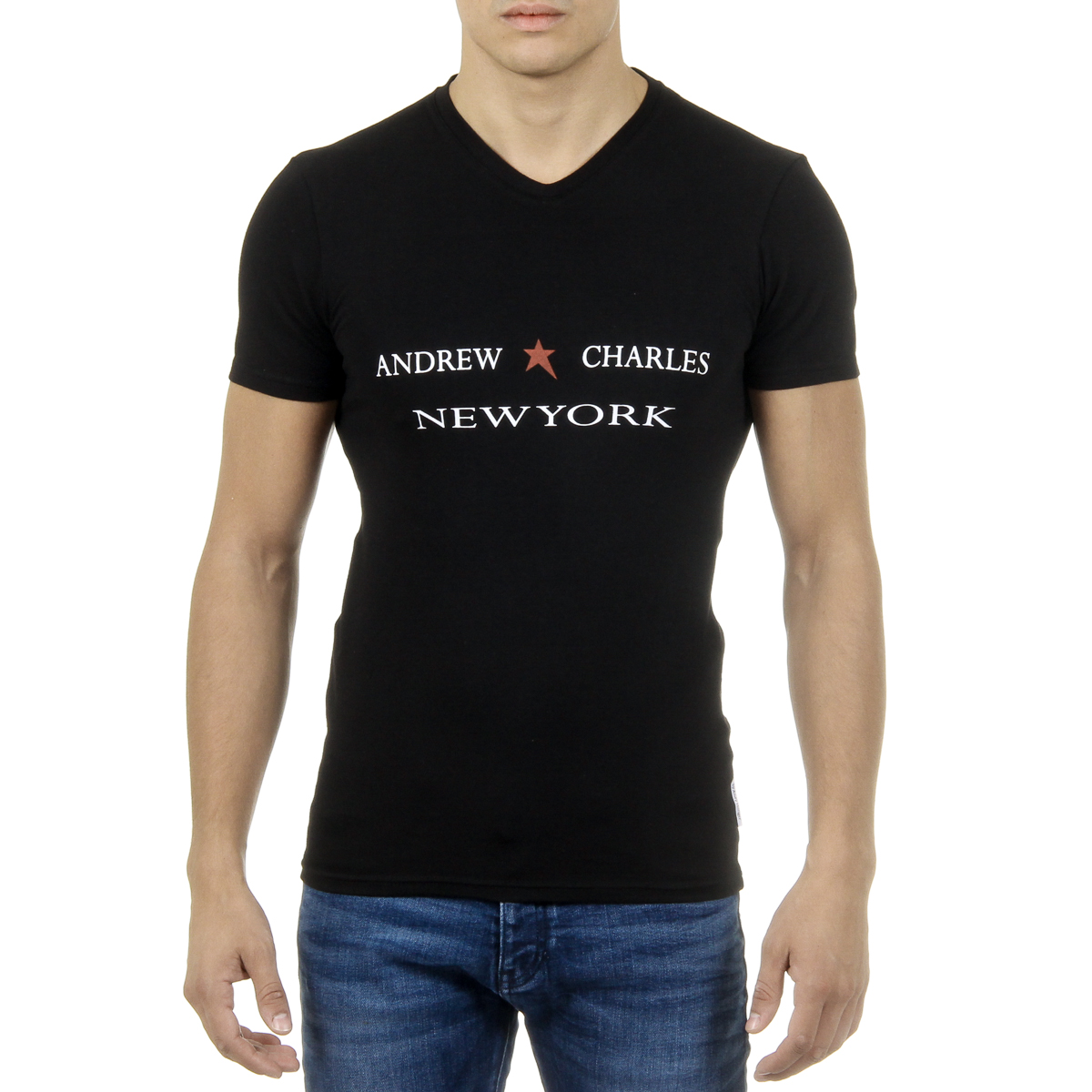 Camiseta Andrew Charles para hombre, manga corta, cuello en V, negra, KENAN