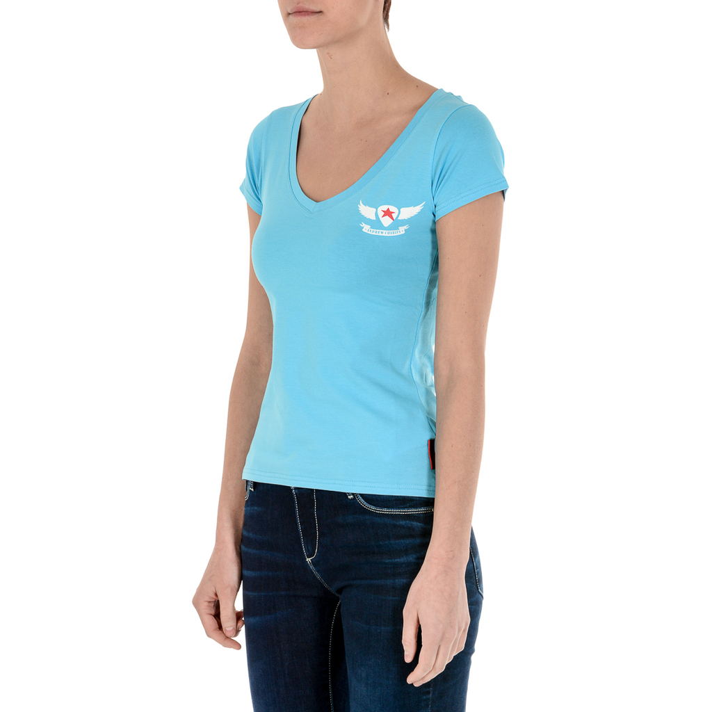 Camiseta Andrew Charles para mujer, manga corta, cuello en V, azul claro TAPIWA