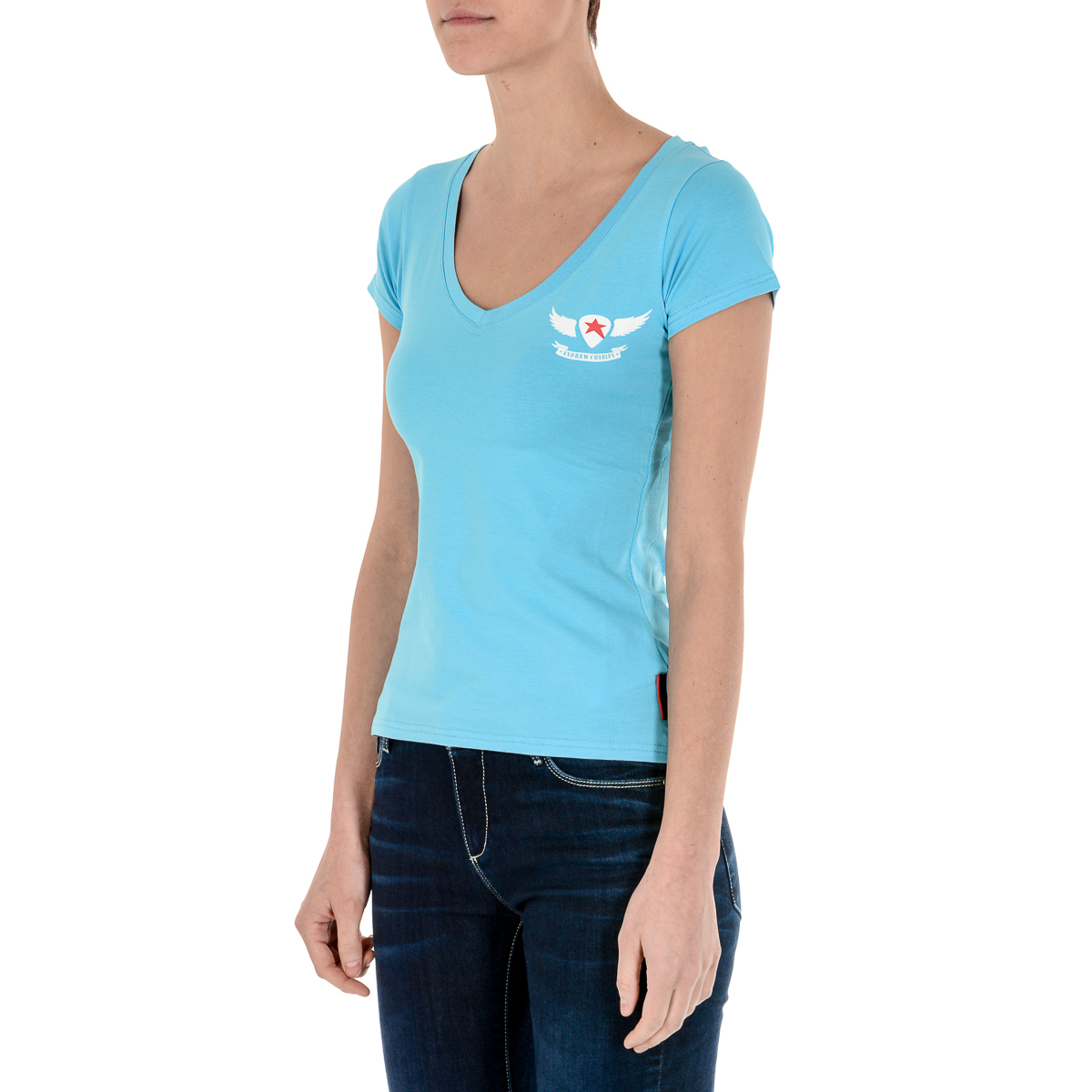 Camiseta Andrew Charles para mujer, manga corta, cuello en V, azul claro TAPIWA