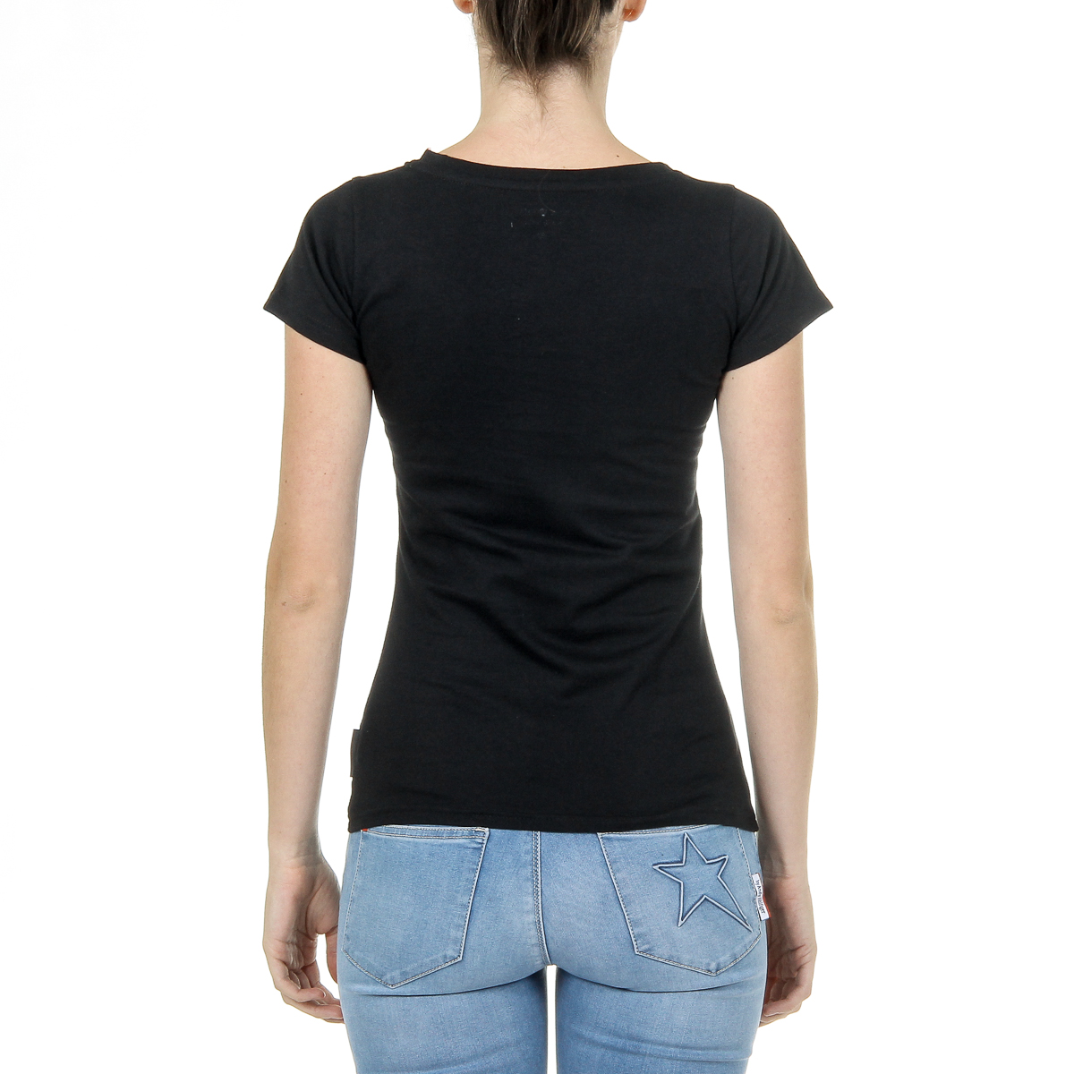 Camiseta Andrew Charles para mujer, manga corta, cuello en V, negra, TAPIWA