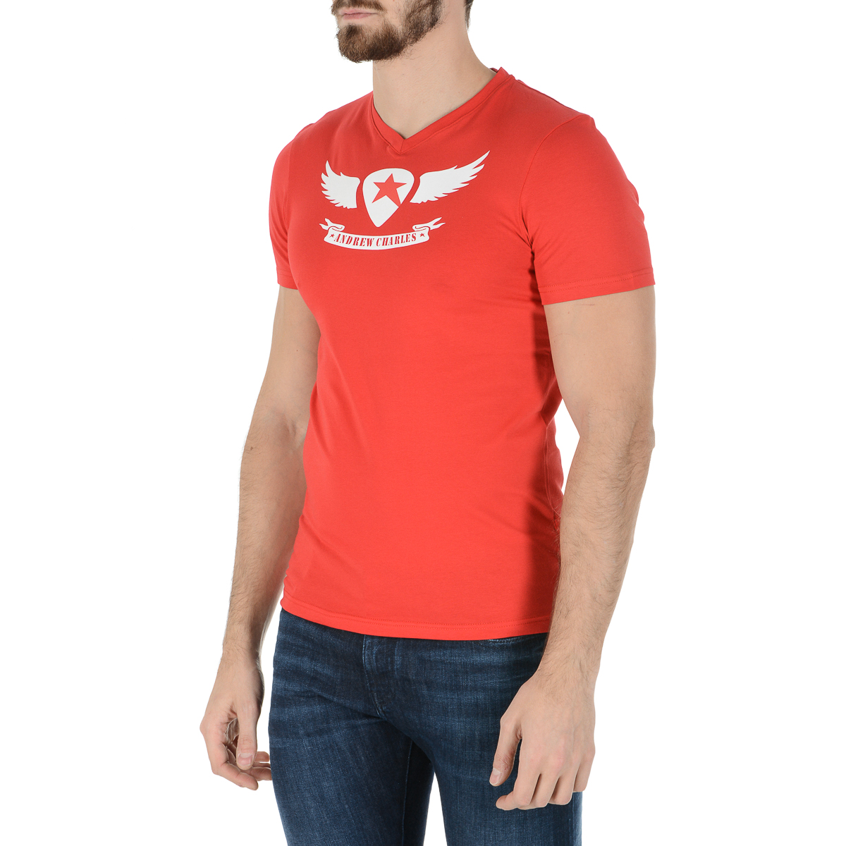 Camiseta Andrew Charles para hombre, manga corta, cuello en V, roja, KENAN