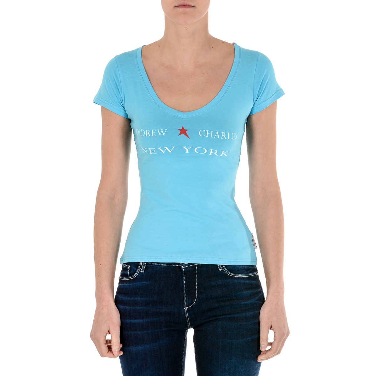 Camiseta Andrew Charles para mujer, manga corta, cuello en V, azul claro TAPIWA
