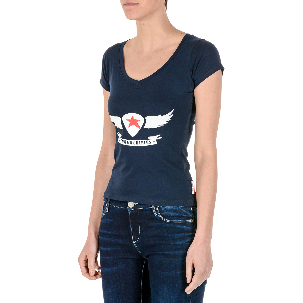 Camiseta Andrew Charles para mujer, manga corta, cuello en V, azul TAPIWA