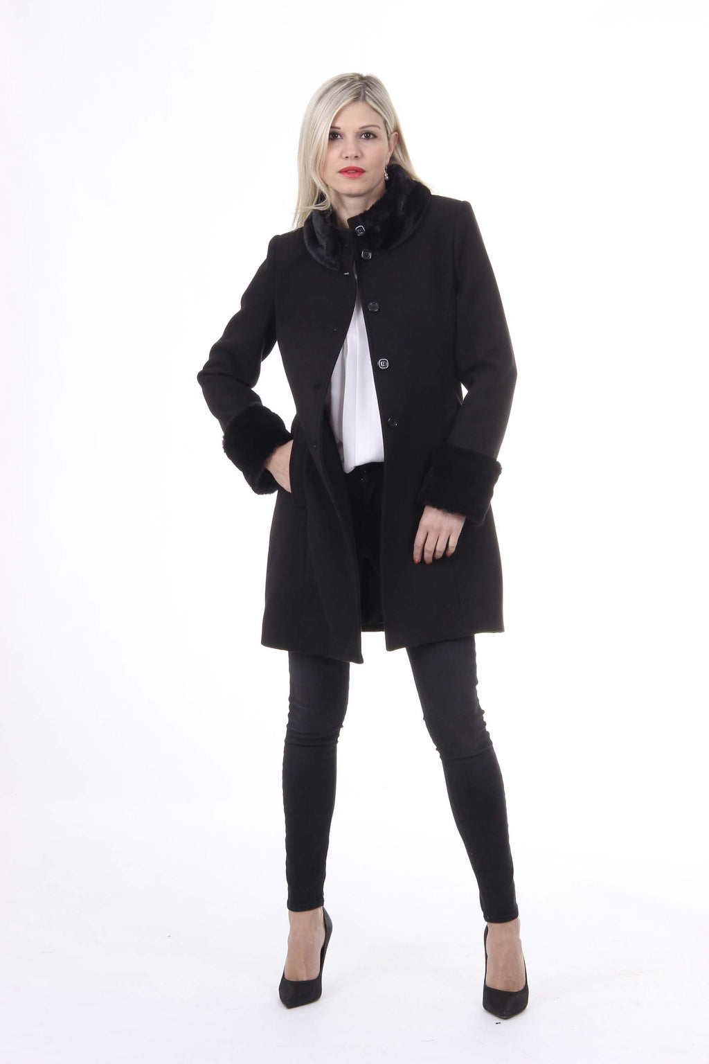 Abrigo de mujer V 1969 Italia CAPPOTTO LINDA TESS. TERCIOPELO + PELLICCIA NERO