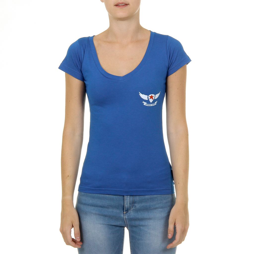 Camiseta Andrew Charles para mujer, manga corta, cuello en V, azul TAPIWA