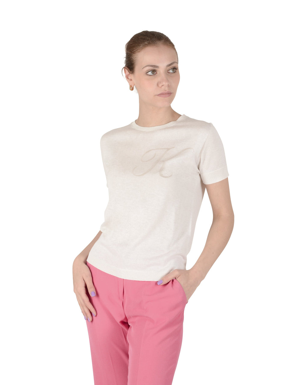 Jersey de cachemira de verano, cuello redondo, manga corta, color marfil