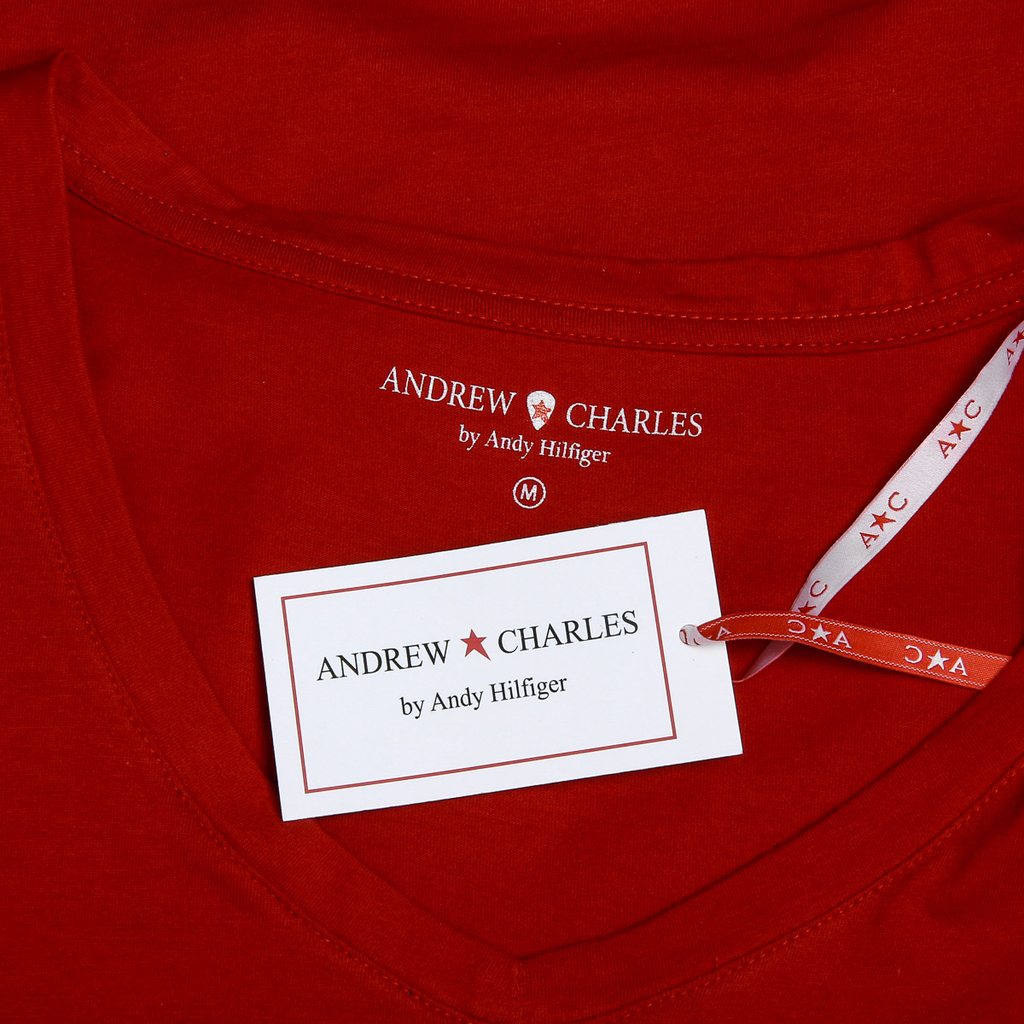 Camiseta Andrew Charles para mujer, manga corta, cuello en V, roja, TAPIWA