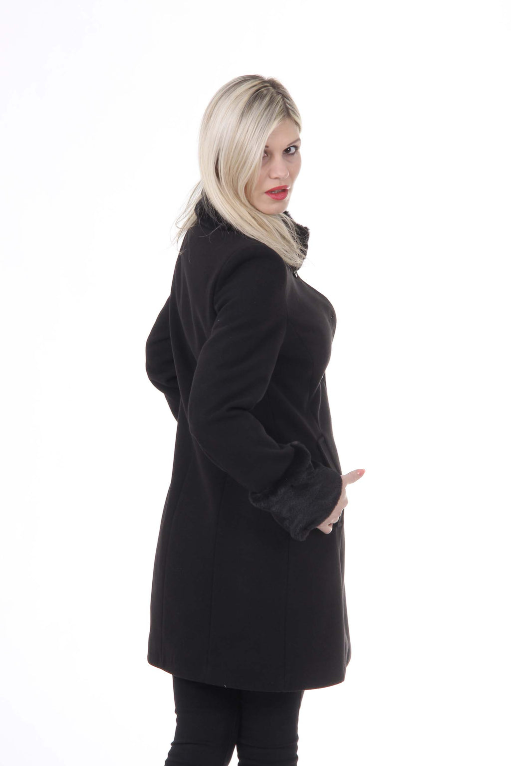 Abrigo de mujer V 1969 Italia CAPPOTTO LINDA TESS. TERCIOPELO + PELLICCIA NERO