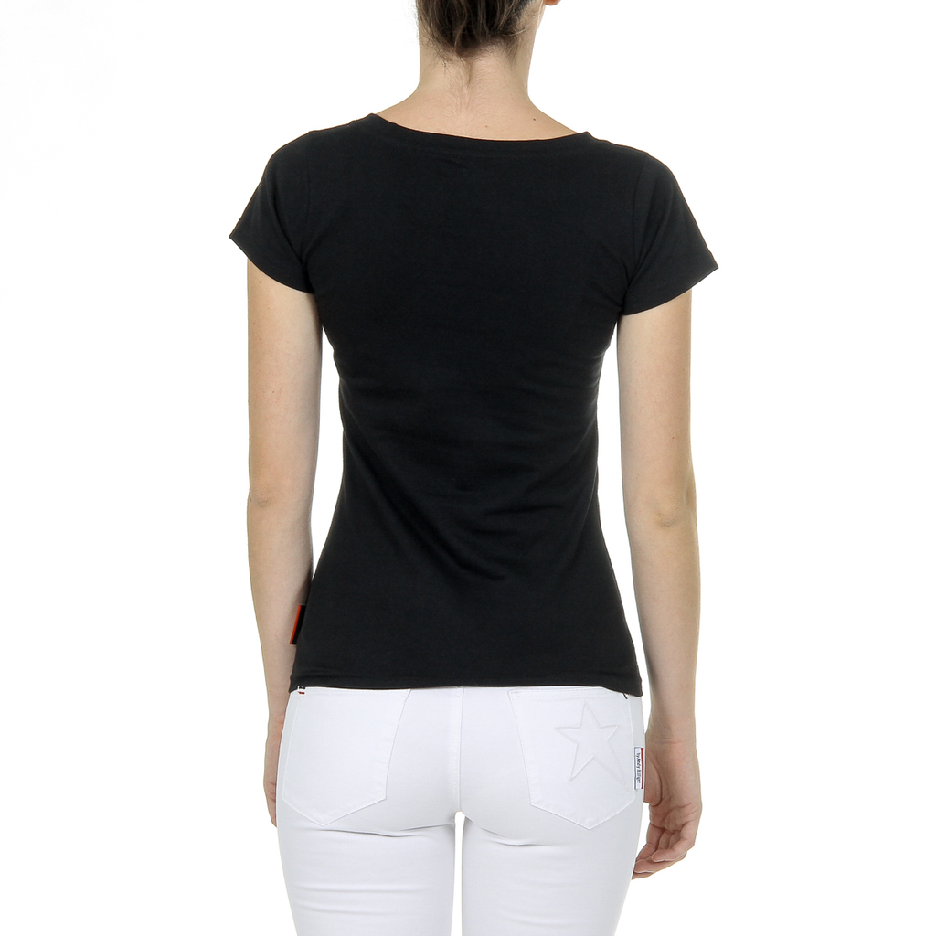 Camiseta Andrew Charles para mujer, manga corta, cuello en V, negra, TAPIWA