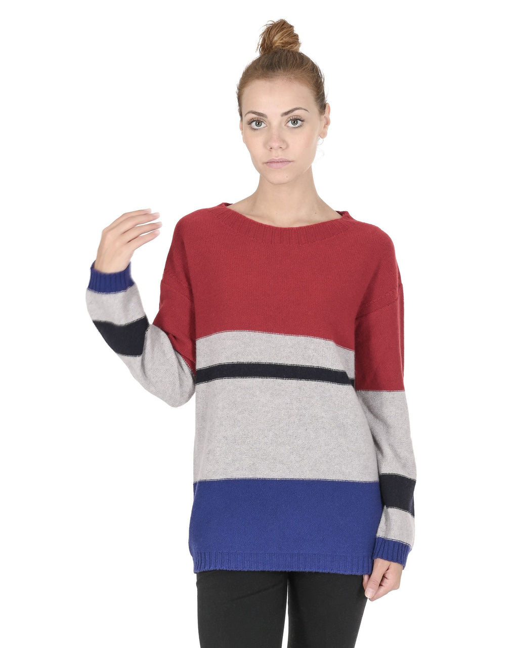 Suéter de cuello barco para mujer de cachemira Crown of Edinburgh COE 0017 ROJO/GRIS/AZUL