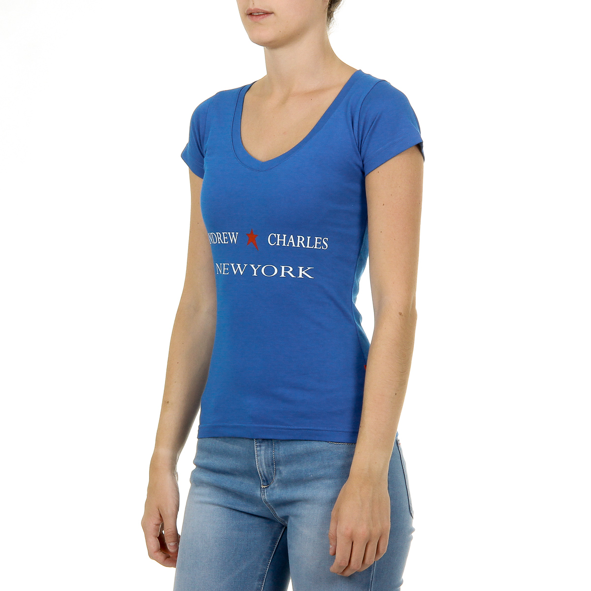 Camiseta Andrew Charles para mujer, manga corta, cuello en V, azul TAPIWA