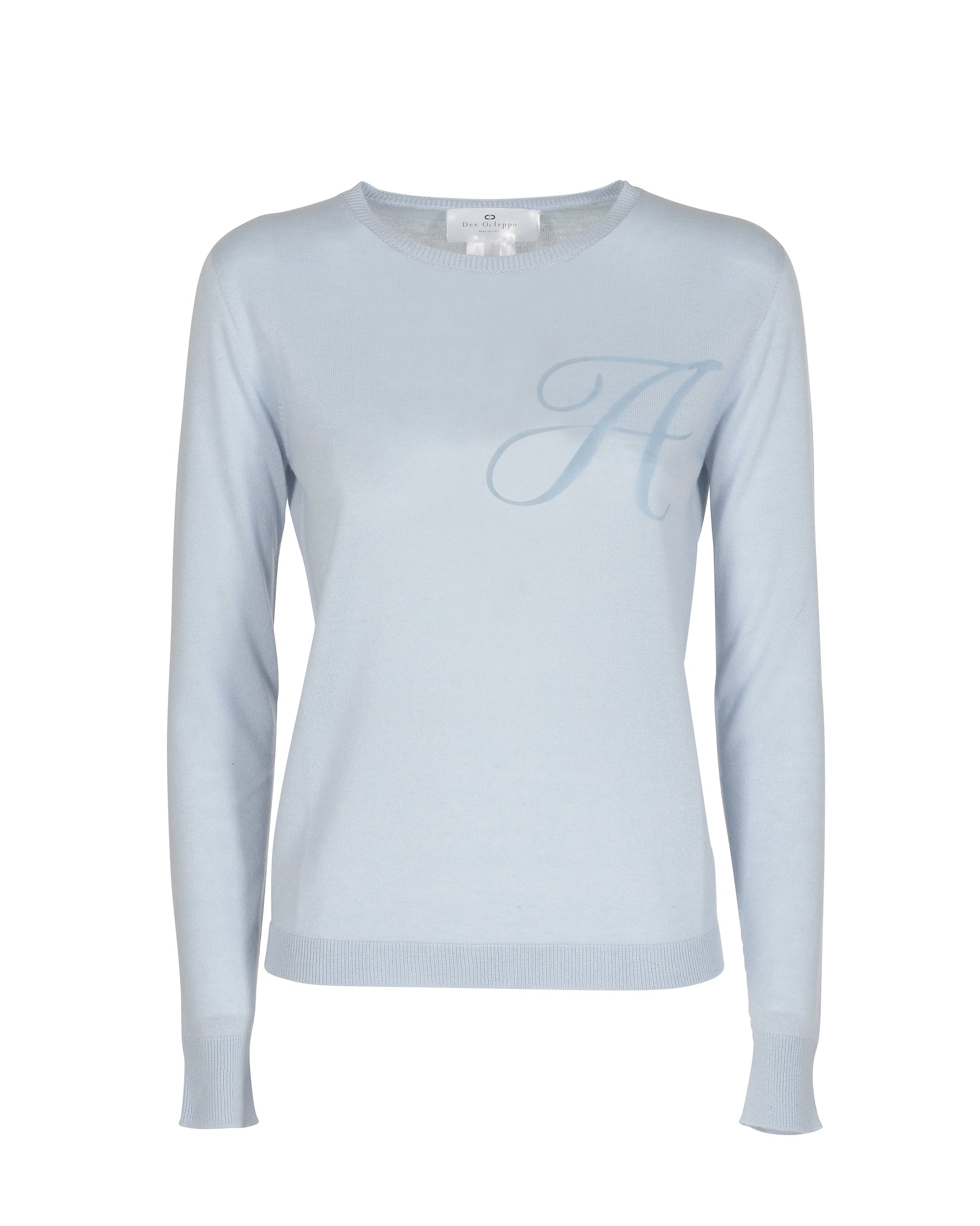 Jersey de cachemira de verano con cuello redondo y manga larga, azul claro