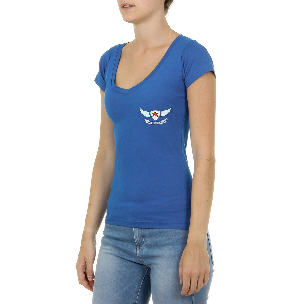 Camiseta Andrew Charles para mujer, manga corta, cuello en V, azul TAPIWA