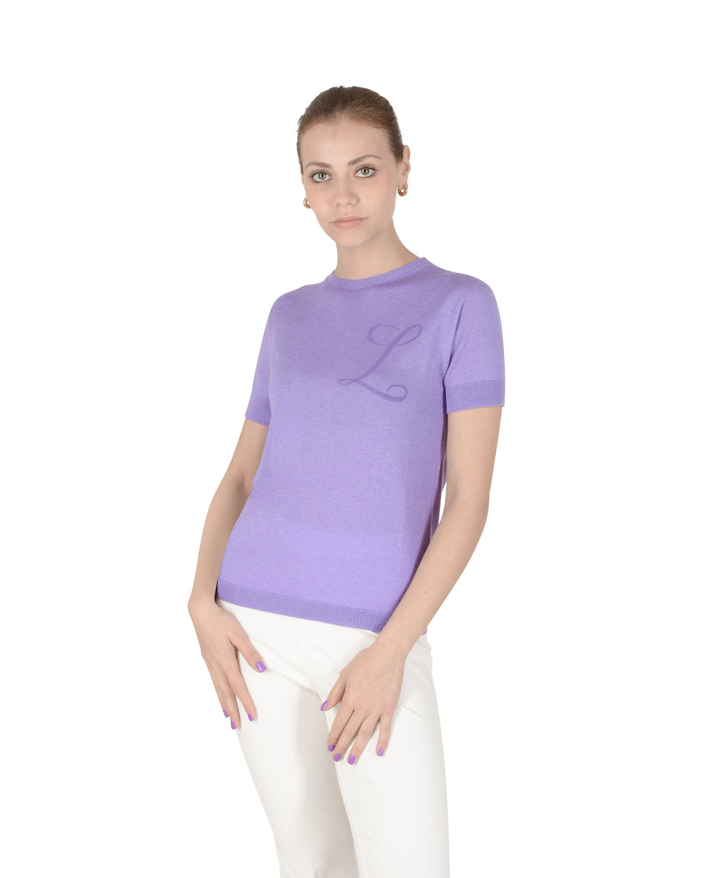 Jersey de cachemira de verano con cuello redondo y manga corta, color lila