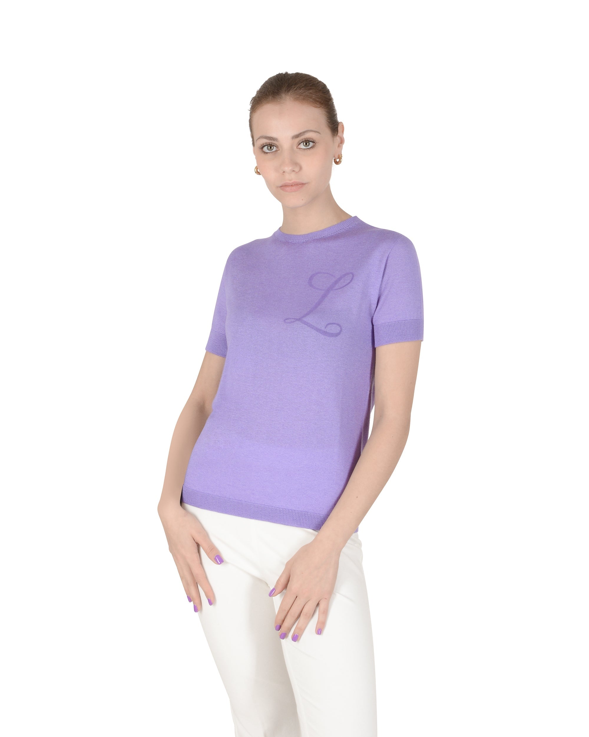 Jersey de cachemira de verano con cuello redondo y manga corta, color lila
