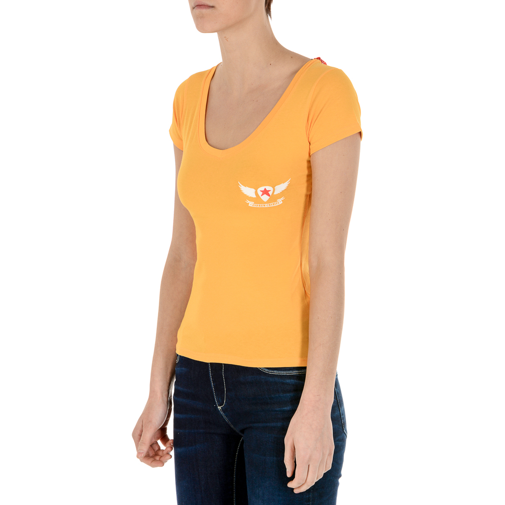 Camiseta Andrew Charles para mujer, manga corta, cuello en V, amarilla, TAPIWA