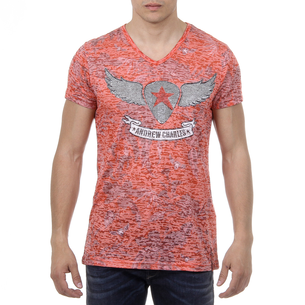 Andrew Charles Mens T-Shirt Short Sleeves V-Neck Red ISAAC