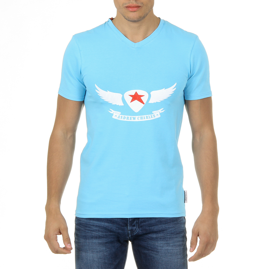 Camiseta Andrew Charles para hombre, manga corta, cuello en V, azul claro, KENAN