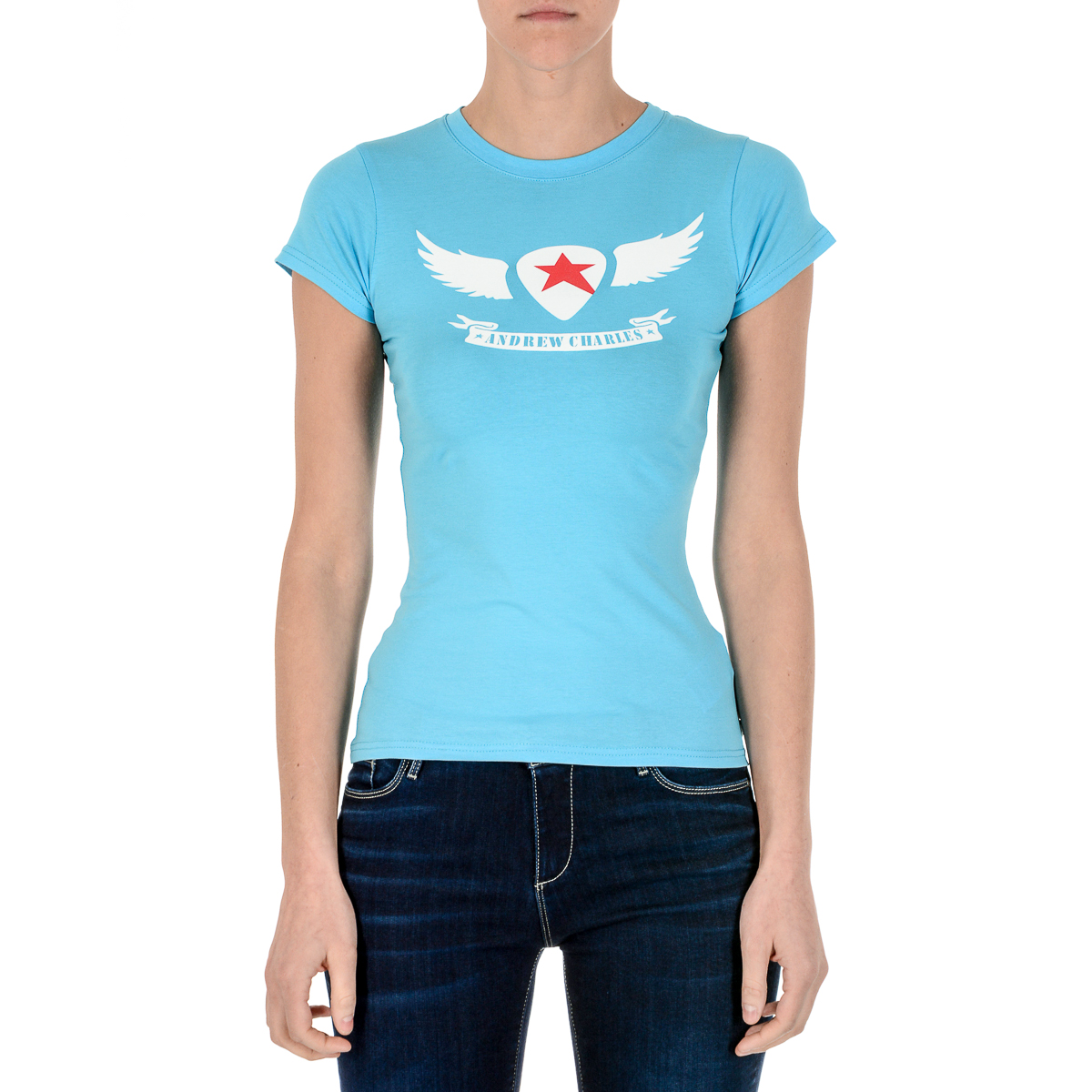 Camiseta Andrew Charles para mujer, manga corta, cuello redondo, azul claro TARANA