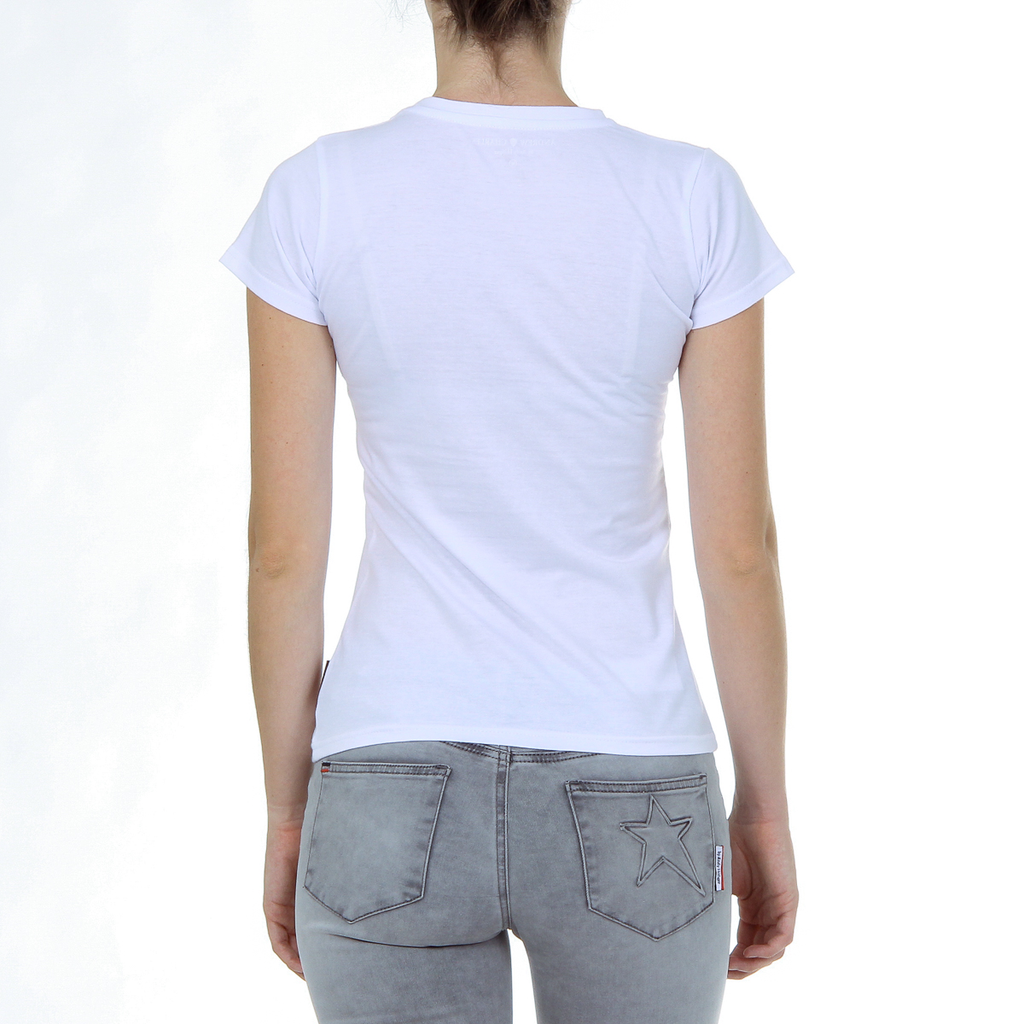 Camiseta Andrew Charles para mujer, manga corta, cuello redondo, color blanco TARANA