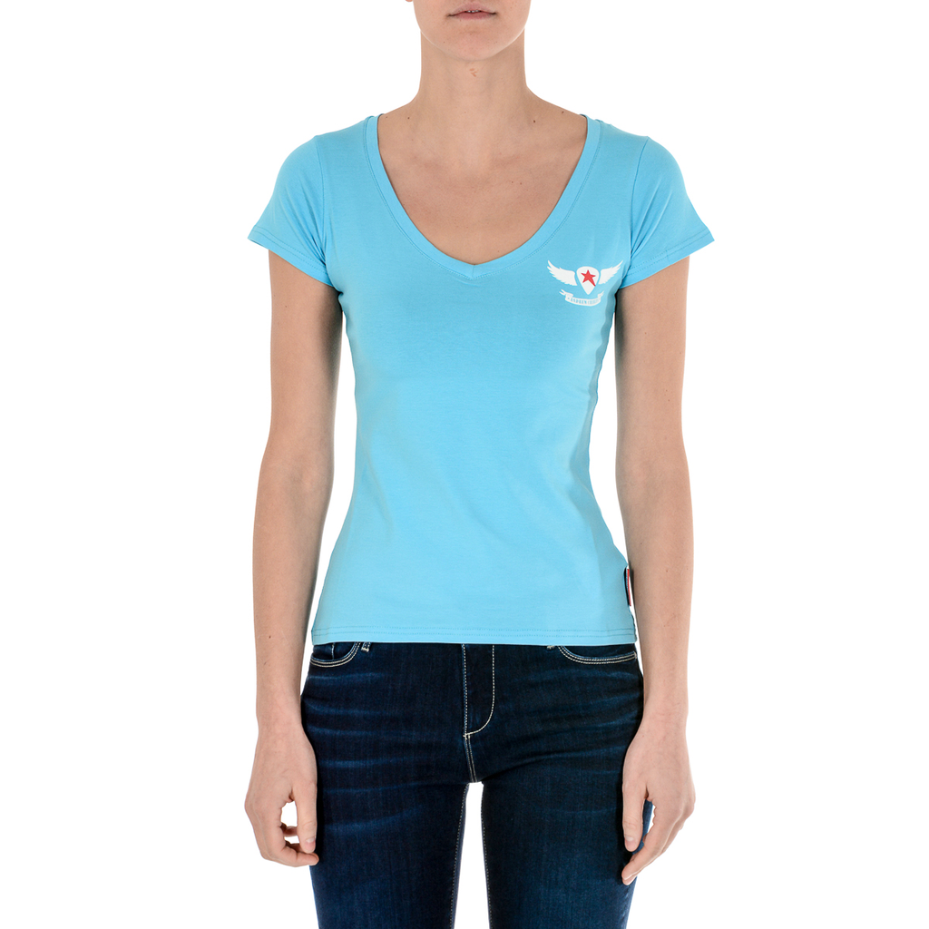Camiseta Andrew Charles para mujer, manga corta, cuello en V, azul claro TAPIWA