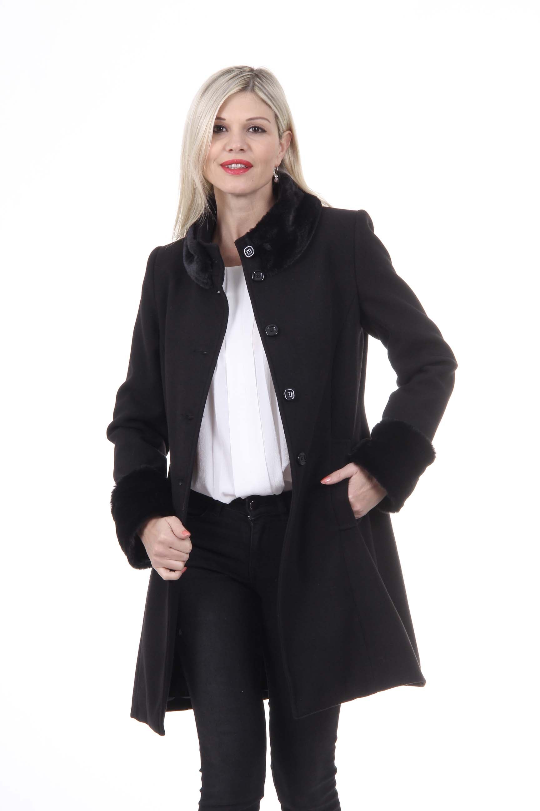 Abrigo de mujer V 1969 Italia CAPPOTTO LINDA TESS. TERCIOPELO + PELLICCIA NERO