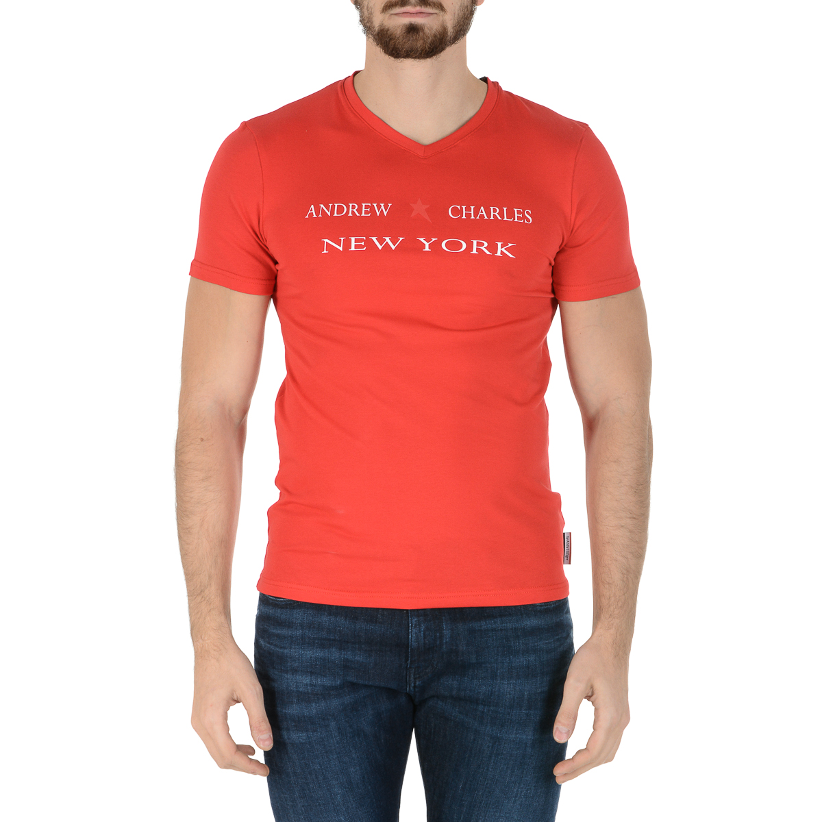 Camiseta Andrew Charles para hombre, manga corta, cuello en V, roja, KENAN